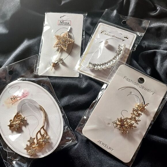 EAR CRAWLER JACKET HUGGER STAR LEAF PEARL BUNDLE SET OF 4 - Picture 7 of 7